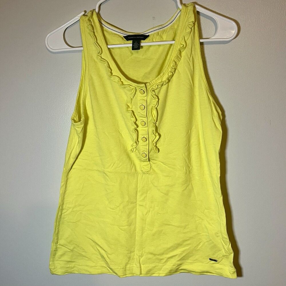 Tommy Hilfiger Henley Tank Top Womens Medium Yellow Ruffled Sleeveless